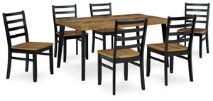 Transform your dining area into a delightful rustic retreat with this seven-piece table set. A two-tone finish adds a layer of charm, creating a visually appealing look that catches the eye. The tabletop-'s inlay chevron pattern adds a unique and stylish 