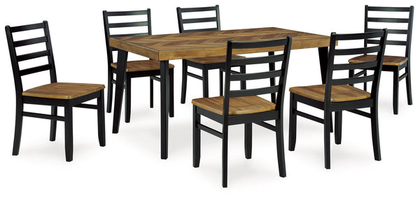 Transform your dining area into a delightful rustic retreat with this seven-piece table set. A two-tone finish adds a layer of charm, creating a visually appealing look that catches the eye. The tabletop-'s inlay chevron pattern adds a unique and stylish 