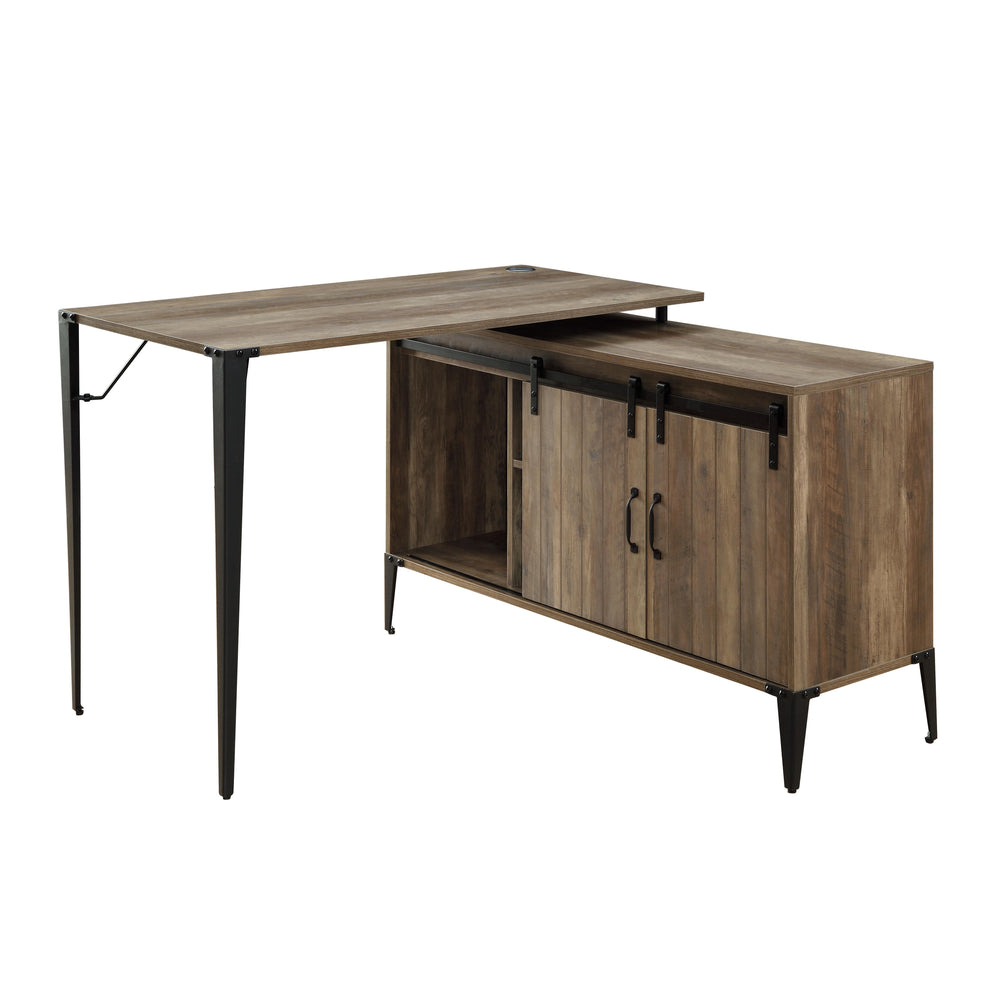 Rustic wooden frame and black metal accent complete an industrial chic look. This desk includes a storage cabinet topped with a rectangle desk top, creating a clever and functional L-shaped work station. Additional cabinet features two sliding doors and s