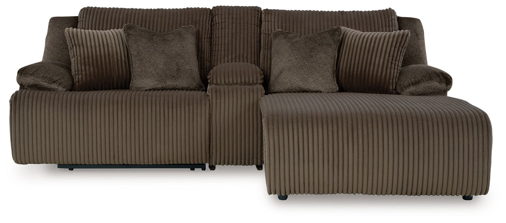 Experience unparalleled comfort with this reclining sectional sofa with chaise. Itâ€™s a stylish and invitingly soft lookâ€”made all the more appealing by cozy corduroy cushions that feel great and add a touch of texture. The rich chocolate brown upholste