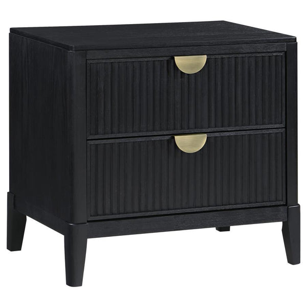 Augment your sophisticated bedroom with the addition of a modern two-drawer nightstand. It boasts a classic stance, with two drawers that offer a place for overnight essentials and personal necessities like books. The top drawer includes felt lining while