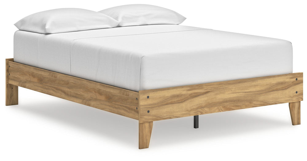 This full platform bed puts the dream of a casual bedroom retreat beautifully within budget. A warm light brown finish over replicated hickory grain exudes a homey vibe. Itâ€™s a simply relaxed way to achieve the sanctuary of your dreams without needing a