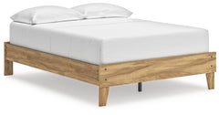 This full platform bed puts the dream of a casual bedroom retreat beautifully within budget. A warm light brown finish over replicated hickory grain exudes a homey vibe. Itâ€™s a simply relaxed way to achieve the sanctuary of your dreams without needing a