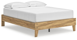 This full platform bed puts the dream of a casual bedroom retreat beautifully within budget. A warm light brown finish over replicated hickory grain exudes a homey vibe. Itâ€™s a simply relaxed way to achieve the sanctuary of your dreams without needing a