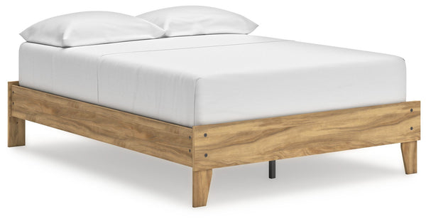 This full platform bed puts the dream of a casual bedroom retreat beautifully within budget. A warm light brown finish over replicated hickory grain exudes a homey vibe. Itâ€™s a simply relaxed way to achieve the sanctuary of your dreams without needing a
