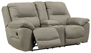  and enjoy some sports on TV with this reclining loveseat. You will love its double stuffed pillow top arms and soft-as-suede faux leather upholstery. The family-friendly dark gray color and creative stitching add panache. Recline in comf