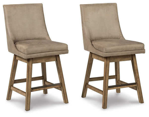This striking barstool invites you to take contemporary modern style for a spin. Comfortably cushioned seat, self-returning swivel and contoured back make it beautifully in tune with your needs. Luxurious faux leather upholstery is a sensational touch.<br