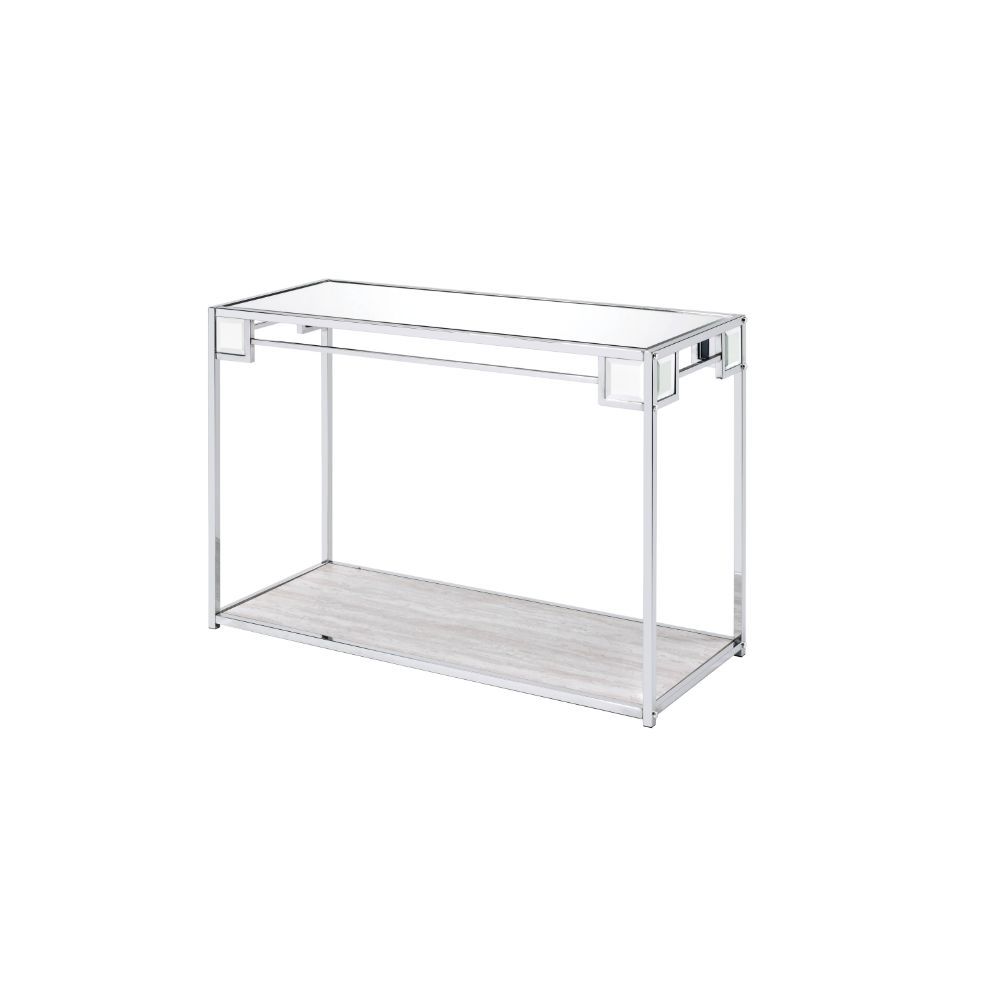KD, Rectangular Console Table Storage: Open Compartment (1 Wooden Shelf, Fixed) Mirrored Top Metal Frame with Square-Straight Leg (Open Frame) CONSTRUCTION] MIRRORED TOP: 5mm Thick Wooden Shelf: Paper Veneer, PB Metal Frame & Square Leg: Chrome finish (Pl