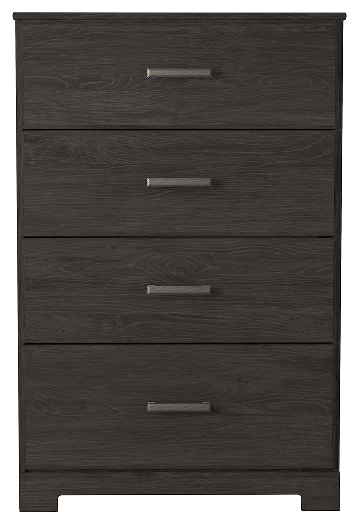 With its clean-lined look and modern attitude, this chest of drawers is a fresh style awakening. A warm charcoal hue over replicated oak grain easily complements other furniture finishes. Smooth drawer fronts with antiqued pewter-tone handles complete the