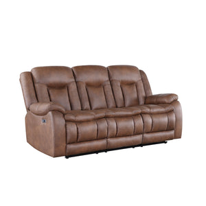 The Morello Power Recliner Sofa in Brown is a perfect addition to your living space, combining comfort, style, and modern functionality. This power couch is upholstered in sumptuously soft 100% polyester fabric in a saddle brown color, mimicking the luxur