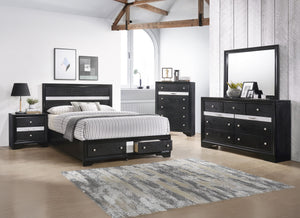This bedroom set offers a sophisticated and cohesive look with its dark-toned wood and elegant design. The bed stands out with a high headboard featuring a shimmering silver accent, giving it a luxurious feel. The set includes a bed with storage drawers a