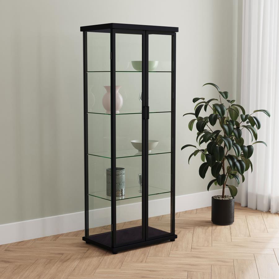 Gather all your favorite things and show them off to their best effect in a modern glass curio cabinet. Perfect for everything from China in the dining room to sculpture and art in you living area, the cabinet features rounded corners and a neutral finish
