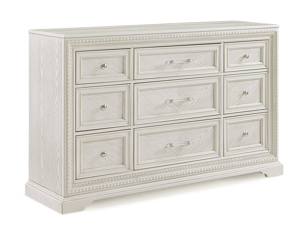 Introducing a bedroom collection that brings a breath of fresh sophistication to any living space. This suite boasts a bright, antique white finish that immediately brightens and opens up a room, providing a versatile foundation for any decor style. The b