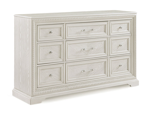 Introducing a bedroom collection that brings a breath of fresh sophistication to any living space. This suite boasts a bright, antique white finish that immediately brightens and opens up a room, providing a versatile foundation for any decor style. The b