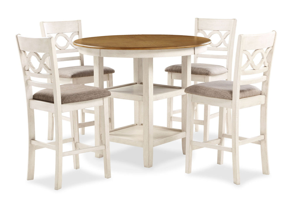 The farmhouse appeal of the Cori 5 Piece Counter Dining Table and Chair Set is beautifully created with durability and comfort in mind. This dining set provides spacious seating for four and 2 handy storage shelves located under the table top to display d
