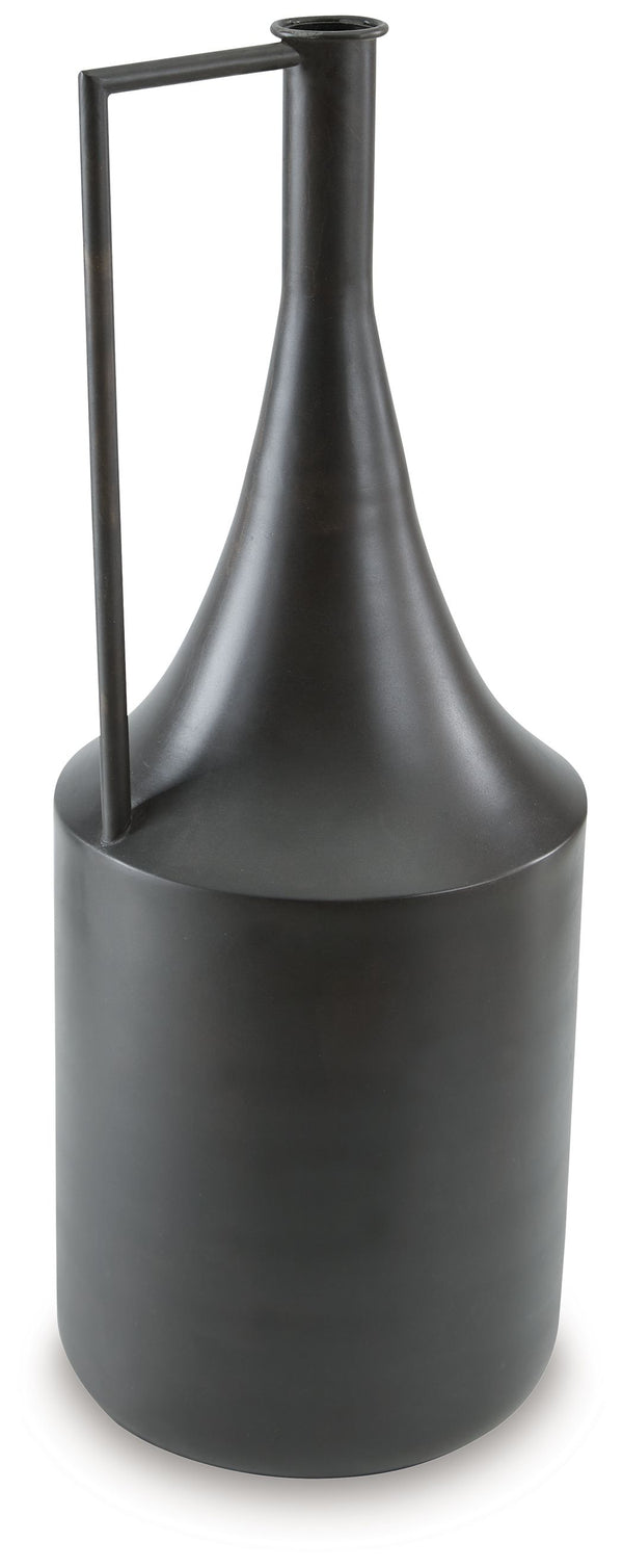Chic on a tabletop or shelf, this vase is an eye-catching accent. Its angular handle provides a sharp, stunning geometric contrast to the curved neck. Finished in a distressed brown hue, this piece plays well in spaces ranging from casual to contemporary.