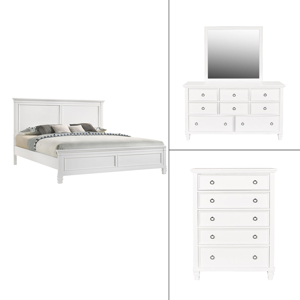 The Tamarack 4 Piece Bedroom Set in white, featuring a Panel Bed, Dresser, Mirror, and Chest, is a striking blend of durability and elegance. Crafted with a combination of solid poplar, basswood veneers, and eco-friendly manufactured wood, this set promis