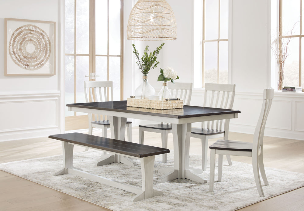 Casual Lifestyle design. Made with solid Acacia wood, Cherry veneer and MDF substrates. Stylish 2-tone finish featuring glazed light gray paint with clean brown cherry stained tops. The dining tabletop and bench seat features a thick planked effect. The d