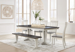 Casual Lifestyle design. Made with solid Acacia wood, Cherry veneer and MDF substrates. Stylish 2-tone finish featuring glazed light gray paint with clean brown cherry stained tops. The dining tabletop and bench seat features a thick planked effect. The d