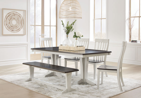 Casual Lifestyle design. Made with solid Acacia wood, Cherry veneer and MDF substrates. Stylish 2-tone finish featuring glazed light gray paint with clean brown cherry stained tops. The dining tabletop and bench seat features a thick planked effect. The d