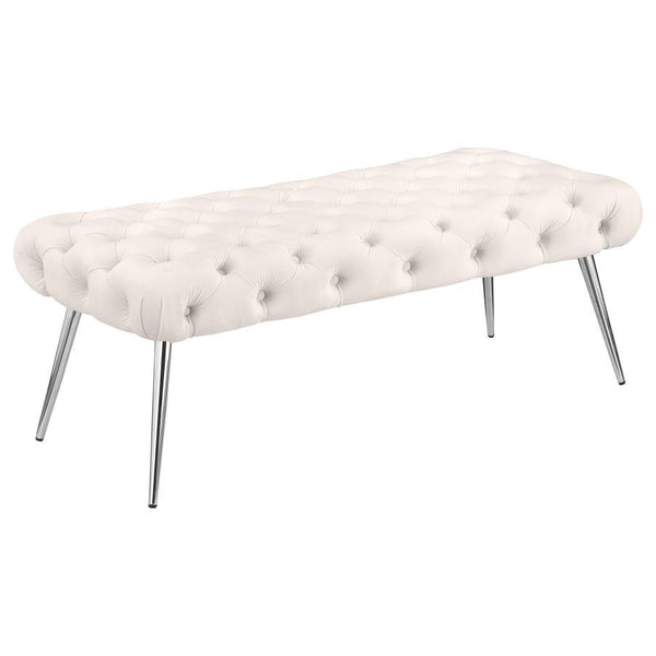 Enhance your living area, bedroom, or entryway with this sophisticated bench, skillfully blending timeless tufting and plush upholstery for a luxurious look and feel. Its meticulous button-tufted top adds depth and dimension, while slender metal legs prov