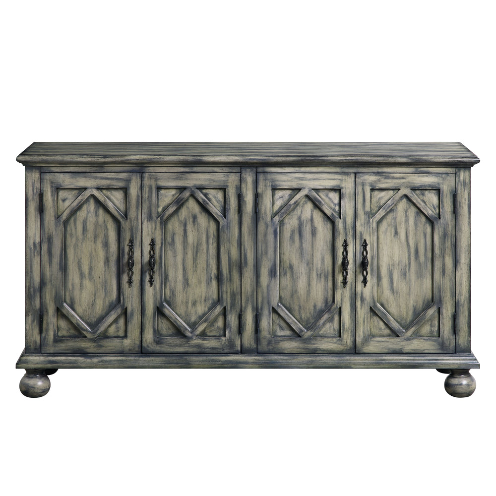 Rectangular Accent Table w/4 DoorsStorage: Doors w/ Shelf InsidePattern Front DoorsWooden Turned Leg<br/><br/><b>Product Features</b><ul><li>Rectangular Accent Table w/4 Doors</li><li>Storage: Doors w/4 Shelves Inside</li><li>Pattern Front Doors</li><li>W