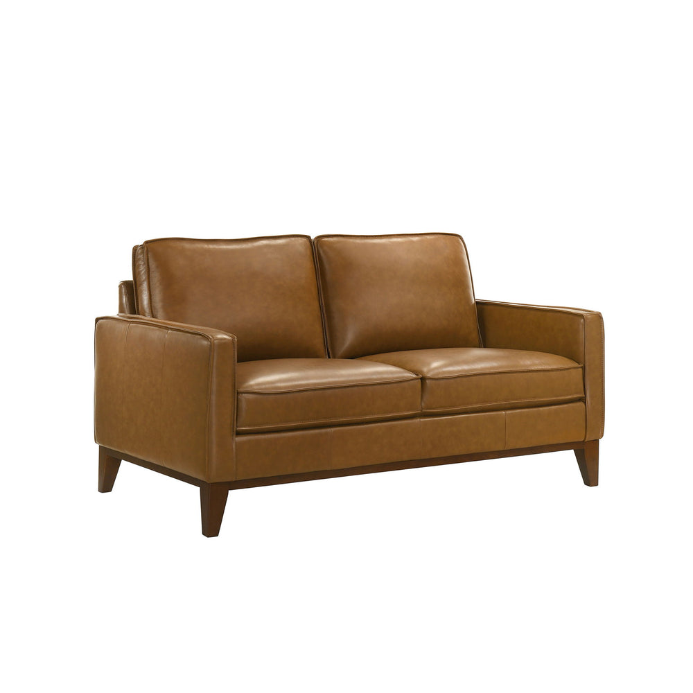 The Caspar Top Grain Leather Loveseat offers a perfect blend of luxury and comfort. Upholstered in rich caramel brown 100% top-grain leather, this loveseat boasts both durability and breathability, making it a timeless addition to any space. Engineered wi