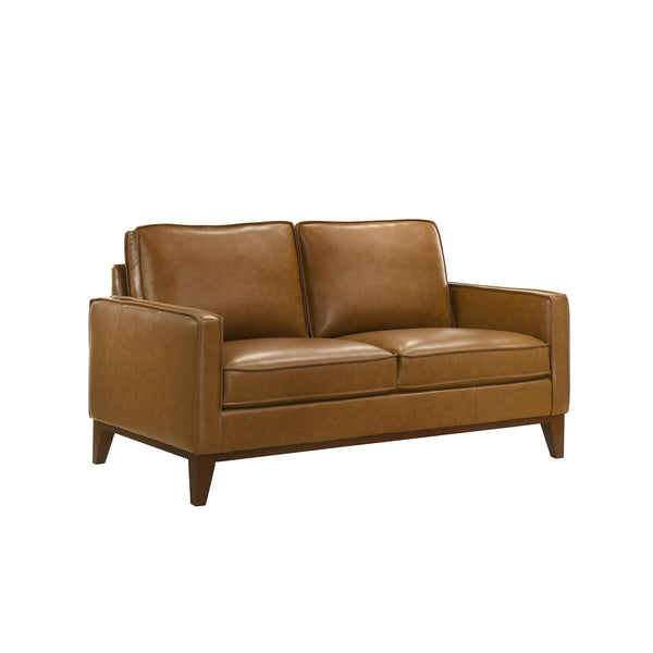 The Caspar Top Grain Leather Loveseat offers a perfect blend of luxury and comfort. Upholstered in rich caramel brown 100% top-grain leather, this loveseat boasts both durability and breathability, making it a timeless addition to any space. Engineered wi