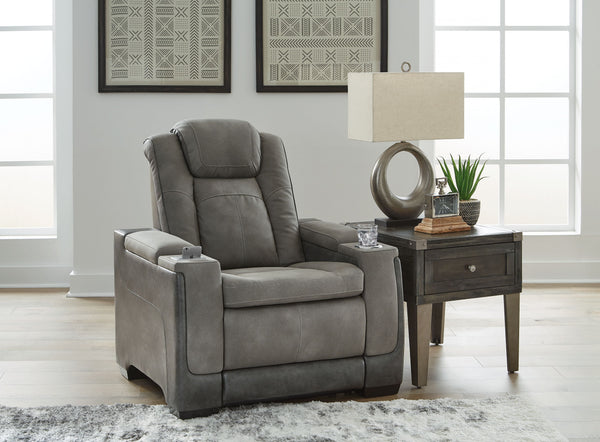  ultra-modern power recliner. Two-tone Durapella upholstery is more durable and water-repellent than regular leather.<br><br><b>Additional Dimensions</b><br><ul><li>Seat width: 24-"</li><li>Seat depth: 21.5-"</li><li>Seat height: 20.5-"</li><li>Dist