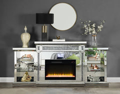 Framed with glimmering faux diamonds and encased by brilliant mirrors. The Noralie LED fireplace is sure to wow everyone. The lighted bookend shelves provide ample storage for reading materials, media accessories, or pottery. Control from anywhere in the 