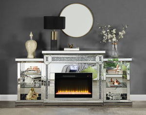 Framed with glimmering faux diamonds and encased by brilliant mirrors. The Noralie LED fireplace is sure to wow everyone. The lighted bookend shelves provide ample storage for reading materials, media accessories, or pottery. Control from anywhere in the 