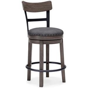 Bring a relaxed yet refined sense of good taste to a space with this upholstered swivel bar stool. The sturdy wood frame with contoured backrest is beautified with an antiqued gray wash finish thatâ€™s easy on the eyes. Rest assured, this bar stool caters