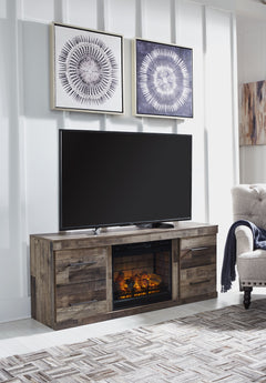 Make this TV stand with LED fireplace insert the center of attention with its popular urban eclectic style. Its rustic finish over a replicated pine grain creates an authentic natural look for your home entertainment area. You-'ll love its functionality. 