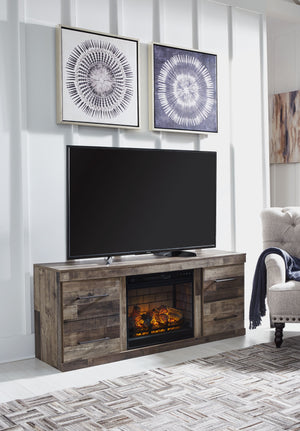 Make this TV stand with LED fireplace insert the center of attention with its popular urban eclectic style. Its rustic finish over a replicated pine grain creates an authentic natural look for your home entertainment area. You-'ll love its functionality. 