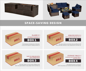 8-piece seat for more creative combinations Fetch different belongings with ease because of the practical coffee table Sturdier and safer to use with high quality tempered glass tabletop Soft and thick cushions for ultimate coziness Hold the ottomans' cus