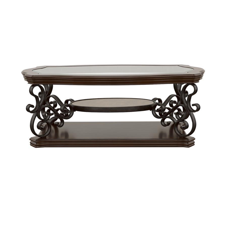 This elegant coffee table blends timeless design with practical functionality. The clear tempered glass top offers durability and a polished look, while the dark bronze powder-coated metal legs add a refined touch. A dark merlot wood finish highlights the
