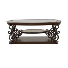 This elegant coffee table blends timeless design with practical functionality. The clear tempered glass top offers durability and a polished look, while the dark bronze powder-coated metal legs add a refined touch. A dark merlot wood finish highlights the