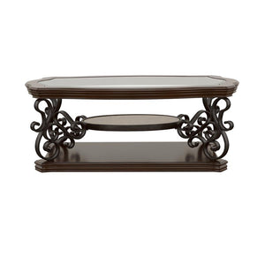 This elegant coffee table blends timeless design with practical functionality. The clear tempered glass top offers durability and a polished look, while the dark bronze powder-coated metal legs add a refined touch. A dark merlot wood finish highlights the