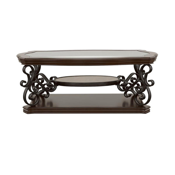 This elegant coffee table blends timeless design with practical functionality. The clear tempered glass top offers durability and a polished look, while the dark bronze powder-coated metal legs add a refined touch. A dark merlot wood finish highlights the