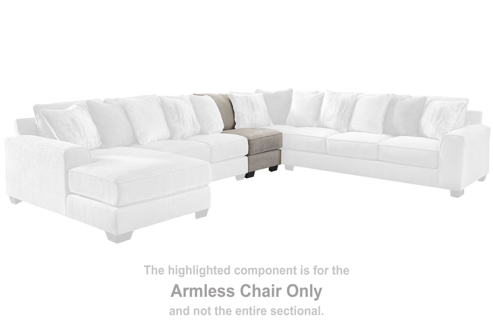 This armless chair is made with polyester upholstery. Pairs with other items in the series to make a sectional.<br><br><b>Additional Dimensions</b><br><ul><li>Leg height: 3-"</li><li>Minimum width of doorway for delivery: 32-"</li><li>Seat depth: 26-"</li