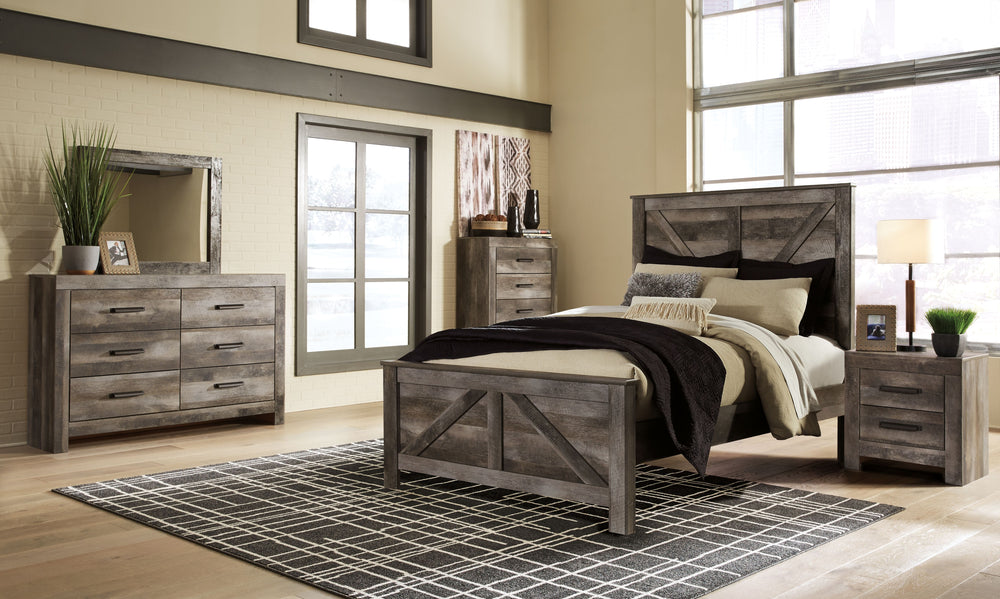 This crossbuck panel bedroom group is sure to win your heart with its daring designer take on modern rustic. This bedroomâ€™s crisp, clean and minimalist-chic profile is enriched with a striking replicated oak grain with thick plank styling and a weathere