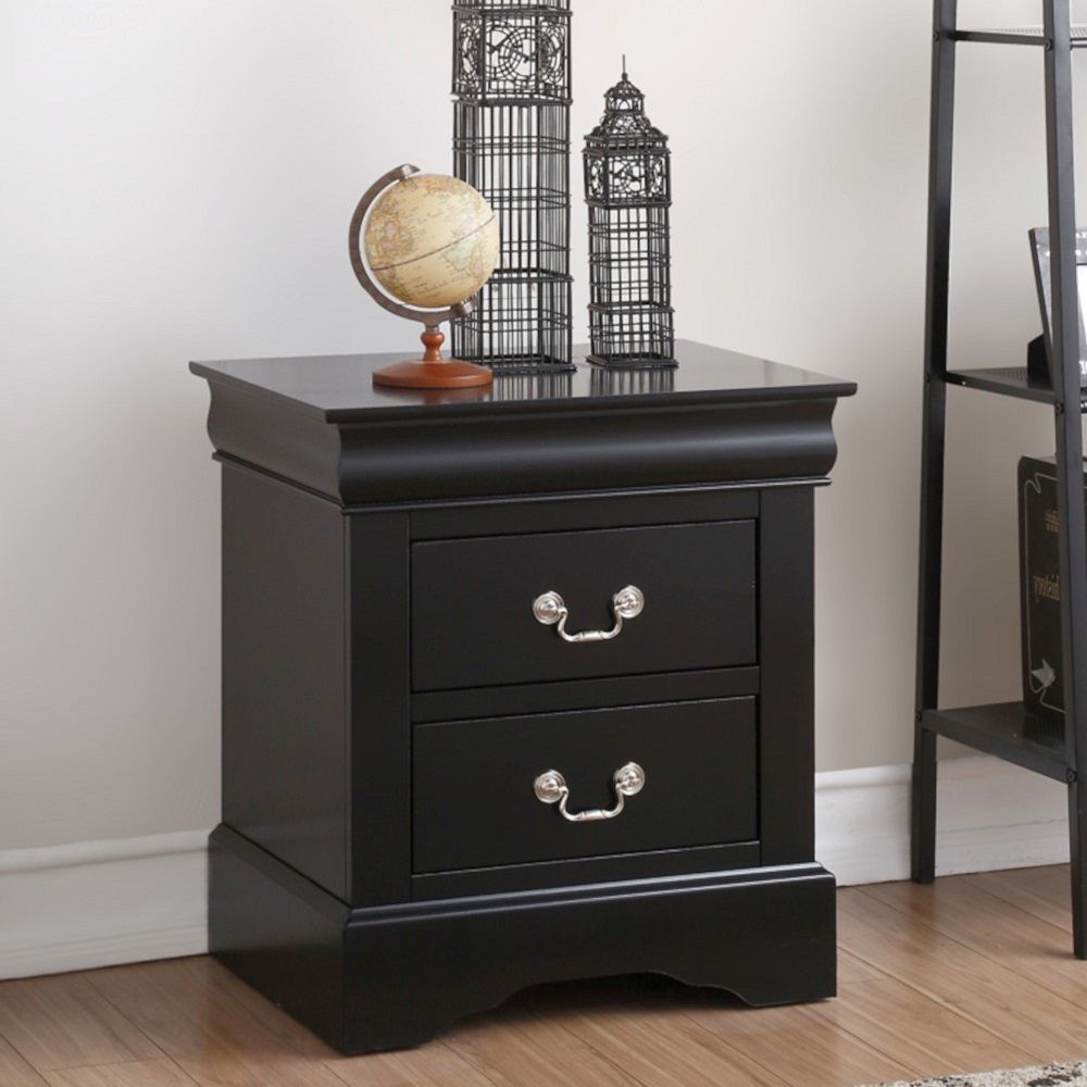 The Louis Philippe III collection nightstand comes in black, cherry, white, and antique gray finish. It has two drawers with center metal glide and brushed nickel metal handle. Offers you plentiful storage with spacious drawers<br/><br/><b>Product Feature