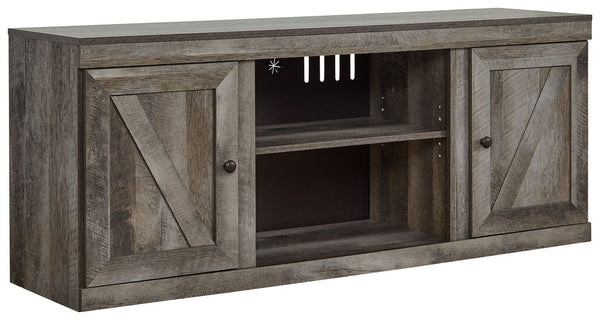 This TV stand is sure to win your heart with its daring take on modern rustic design. Its crisp, clean minimalist-chic profile is enriched with a striking replicated oak grain, thick plank styling and a rustic gray finish for that much more authentic char