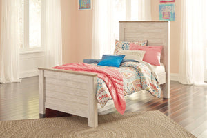 This twin panel bed is the ultimate statement piece for a coastal cottage or shabby chic inspired retreat. Whitewashed finish is wonderfully easy on the eyes. Faux plank cap rails on the headboard and footboard infuse a driftwoody look that has our minds 