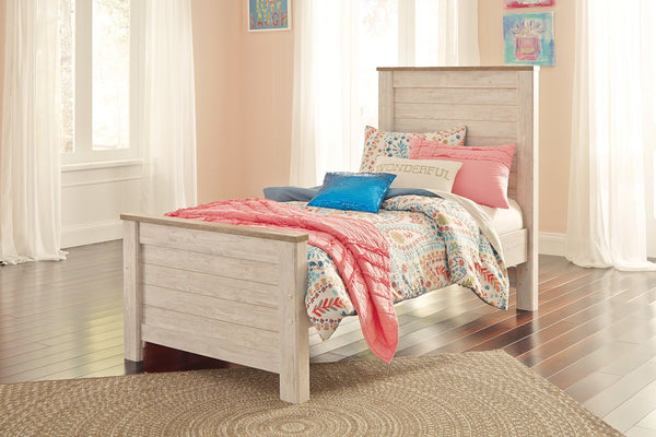 This twin panel bed is the ultimate statement piece for a coastal cottage or shabby chic inspired retreat. Whitewashed finish is wonderfully easy on the eyes. Faux plank cap rails on the headboard and footboard infuse a driftwoody look that has our minds 