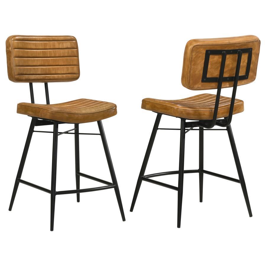 Add a retro-inspired touch to a space with this industrial-inspired counter height stool. Wrapped in a leather upholstery across the contoured backrest and seat, this stool offers ultimate comfort and stability. Each leather piece includes hand-dyed detai