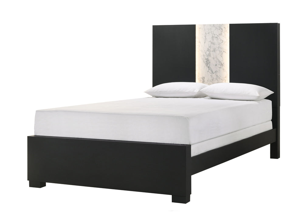 This bedroom set epitomizes modern luxury with its bold, black finish and striking contrast detailing. The bedâ€™s commanding headboard features a chic marble-like accent and integrated lighting, creating an opulent focal point in the room. Complementary 