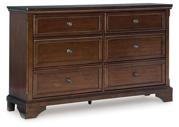 The traditional design of this dresser has a timeless look that adds visual appeal to your bedroom, while its functionalism is equally impressive. There is lots of room for clothes and other essentials in six drawers with a warm brown cherry finish. Creat
