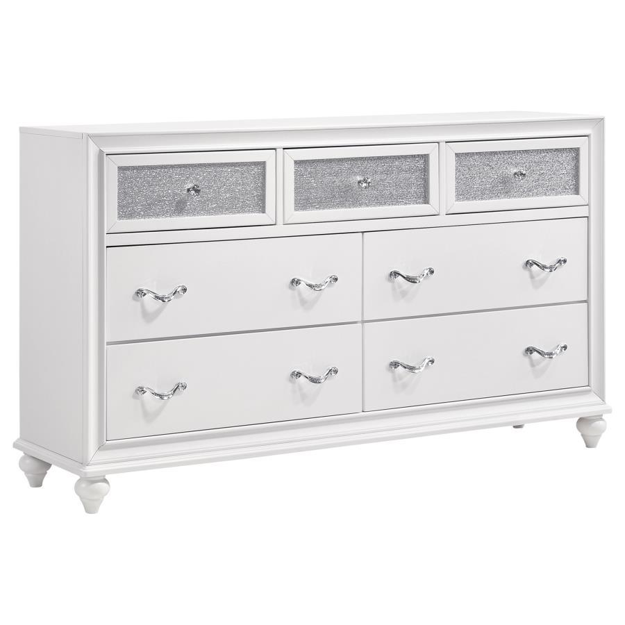Stylish and ultra-glam, this modern dresser really stands out. The top drawer fronts are covered in sparkling acrylic panels for a stunning infusion of shine. Faceted crystal hardware takes elegance to the next level. Dainty turned feet add a classic elem