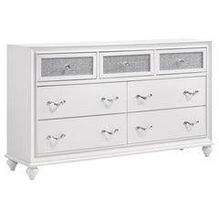 Stylish and ultra-glam, this modern dresser really stands out. The top drawer fronts are covered in sparkling acrylic panels for a stunning infusion of shine. Faceted crystal hardware takes elegance to the next level. Dainty turned feet add a classic elem